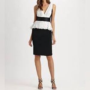 Marchesa Notte Silk Peplum Cocktail Dress Black Ivory Size 4